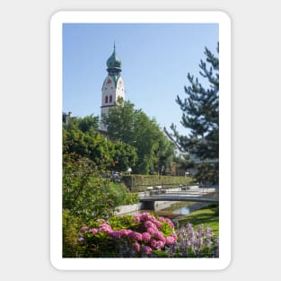 Riedergarten with parish church of St. Nikolaus, Rosenheim, Upper Bavaria, Bavaria, Germany, Europe Sticker